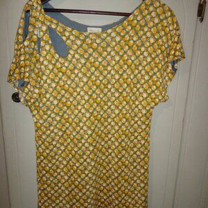 Anthropologie Meadow Rue Raglan Cap Sleeves Top L Lined Yellow/Gray/White Scoop